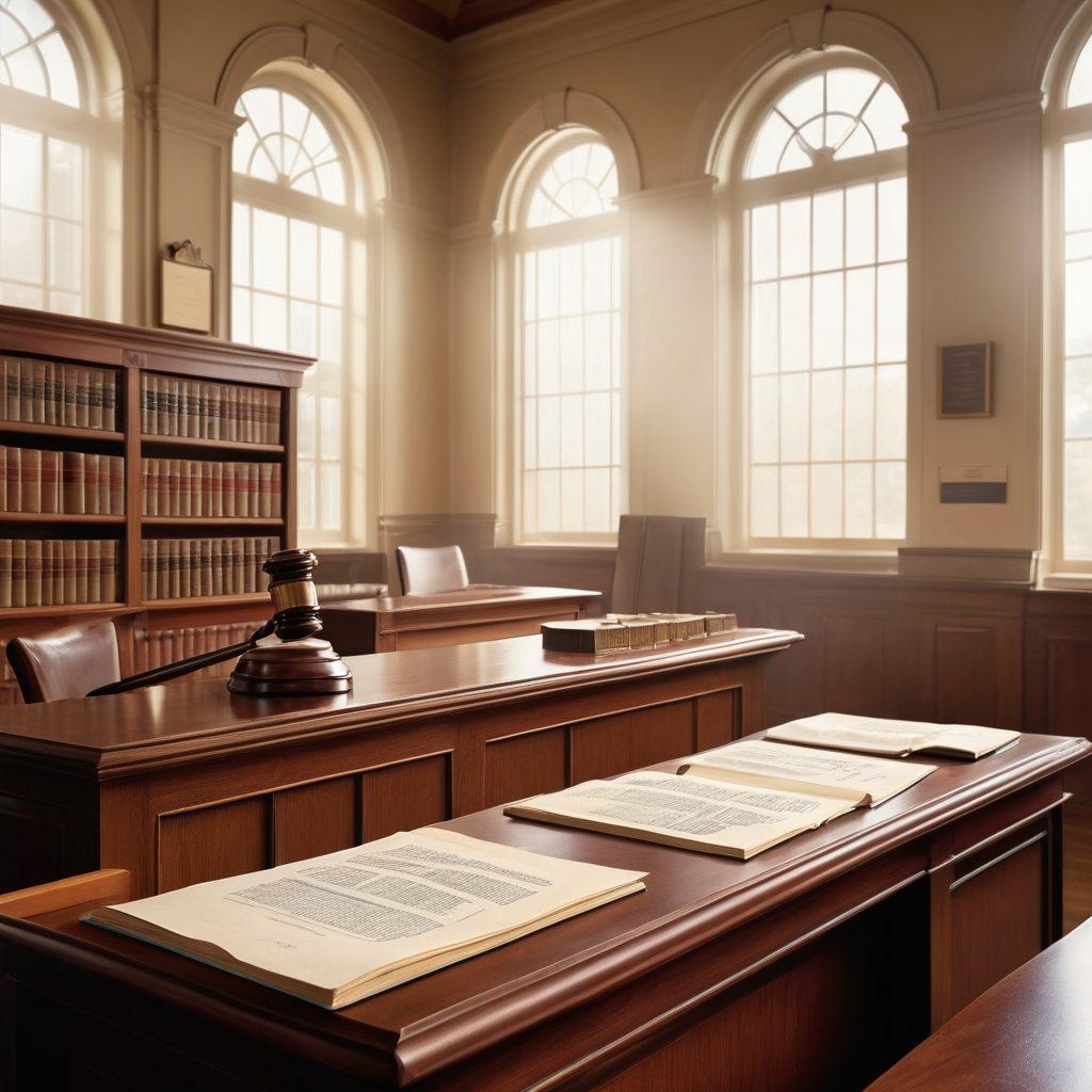 A serene courtroom scene with a wooden judge's bench, bookshelves filled with law books, and a large clock showing the time of a court date. In the foreground, a calendar with highlighted dates and legal documents scattered around, symbolizing court notifications. The atmosphere is calm yet authoritative, with natural light filtering through windows. Add subtle hints of justice scales and a gavel to emphasize the theme. super-realistic. vibrant colors. 3D.