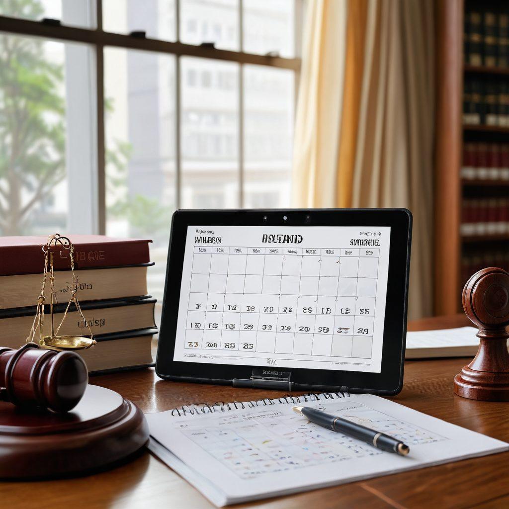An open calendar page with marked NCC court dates, surrounded by legal books and documents. A gavel rests prominently in one corner, while a digital tablet displays recent legal updates. Soft light filters in through a window, casting gentle shadows, to give a sense of an organized space of professionalism and knowledge. super-realistic. warm tones. cozy ambiance.