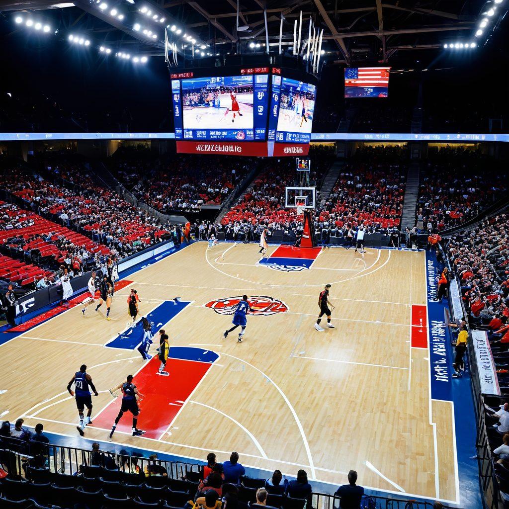A dynamic basketball court with a digital scoreboard displaying essential game updates and timetables. Players in action, showcasing agility and teamwork, surrounded by enthusiastic fans. Bright banners with the words 'Stay Ahead of the Game' decorate the scene, while a clock counts down to the next match. The atmosphere is vibrant and energetic, reflecting the excitement of the game. super-realistic. vibrant colors.